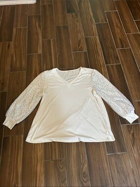 V-Neck Long Sleeve Top with Sparkle Puff Sleeves - White
